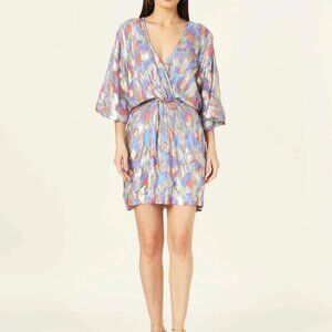 NWT Womens Omika Margot Elyse Taro Blue Gold Multicolor V-Neck Mini Dress M